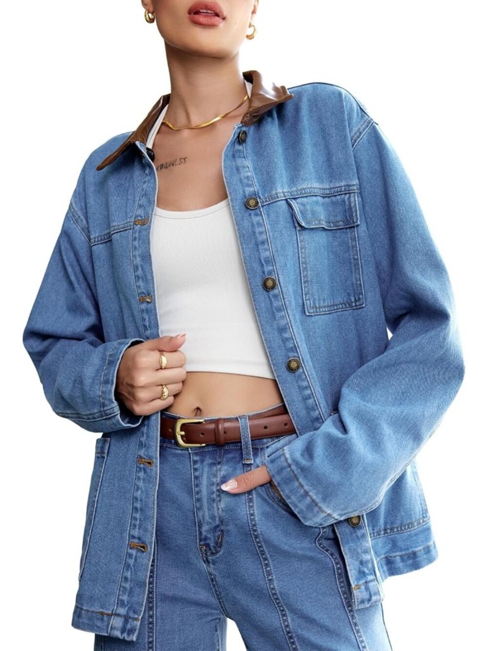 Women’s Light Blue Long Sleeve Button Down Trendy Denim Jean Jacket Shacket